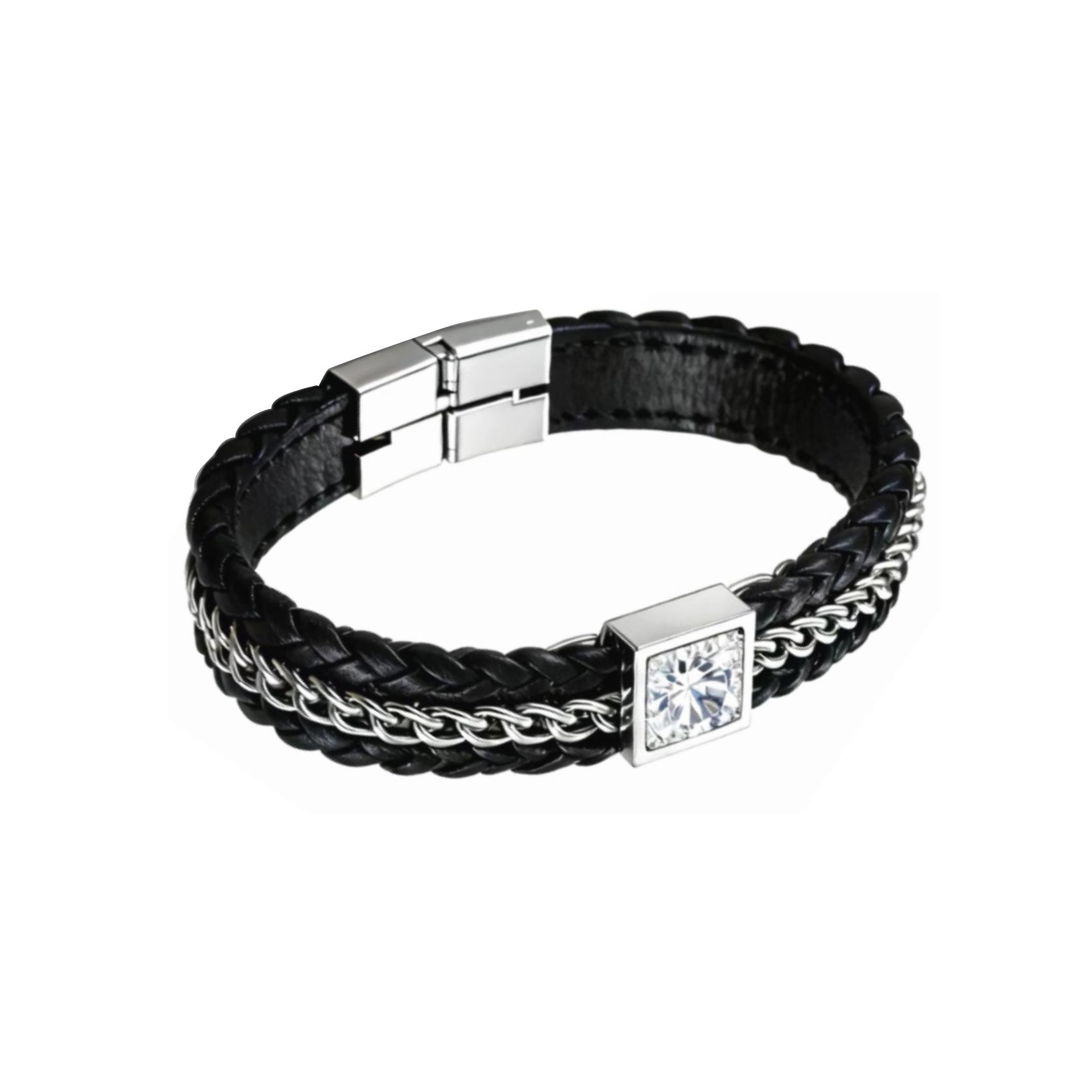 Black Braided Leather Silver Chain Inlaid Diamond Bracelet, Shiny & Luxury, Textured & Eye-catching —— Black Braided Leather Silver Chain Inlaid Diamond Bracelet