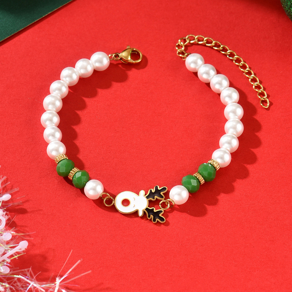 Niche Christmas-Style Cute Luxury Bracelet With Silver Pearl Reindeer Design