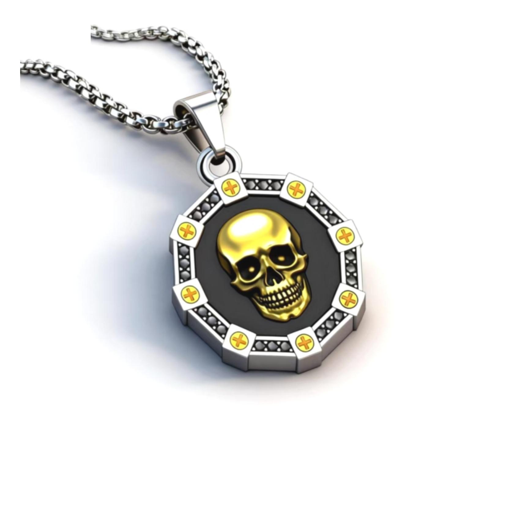 Silver-Gold Skull Cross Octagon Tag Necklace, Edgy & Unique, Eye-catching & Sharp —— Silver-Gold Skull Cross Octagon Tag Necklace