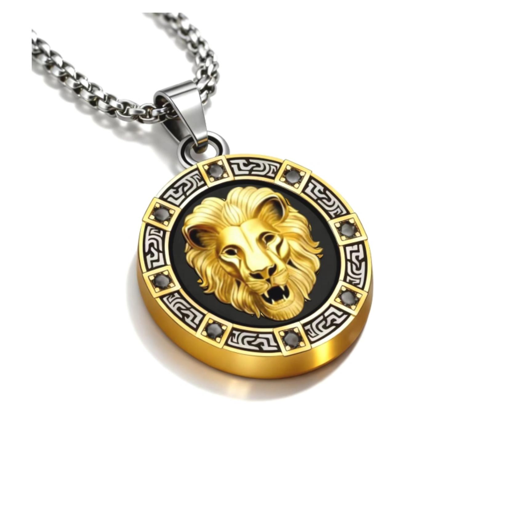 Silver-Gold Lion Greek Key Black Diamond Round Tag Necklace, Edgy & Luxe, Eye-catching & Sharp —— Silver-Gold Lion Greek Key Black Diamond Round Tag Necklace