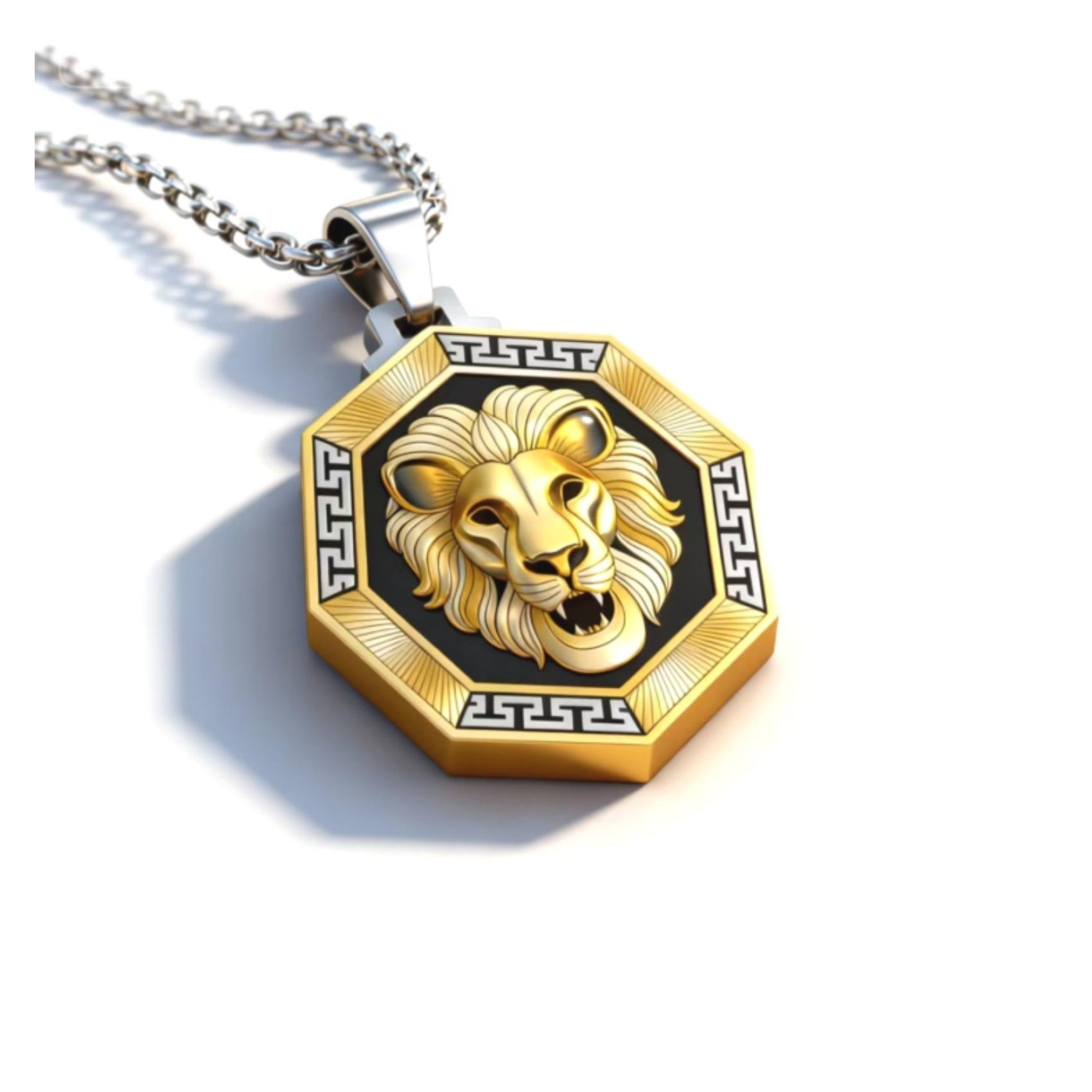 Silver-Gold Lion Greek Key Octagon Tag Necklace, Edgy & Retro, Eye-catching & Bold —— Silver-Gold Lion Greek Key Octagon Tag Necklace