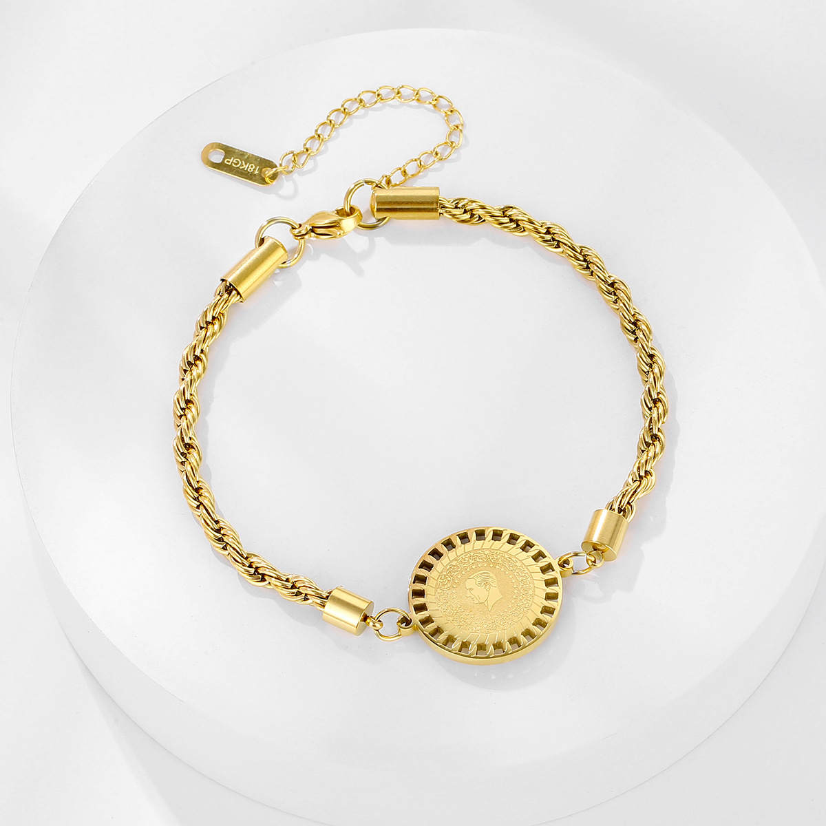 Hemp Rope Chain with Round Plate Pendant Bracelet