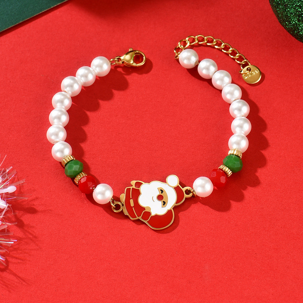 Niche Christmas-Style Cute Luxury Bracelet With Silver Pearl Santa Design