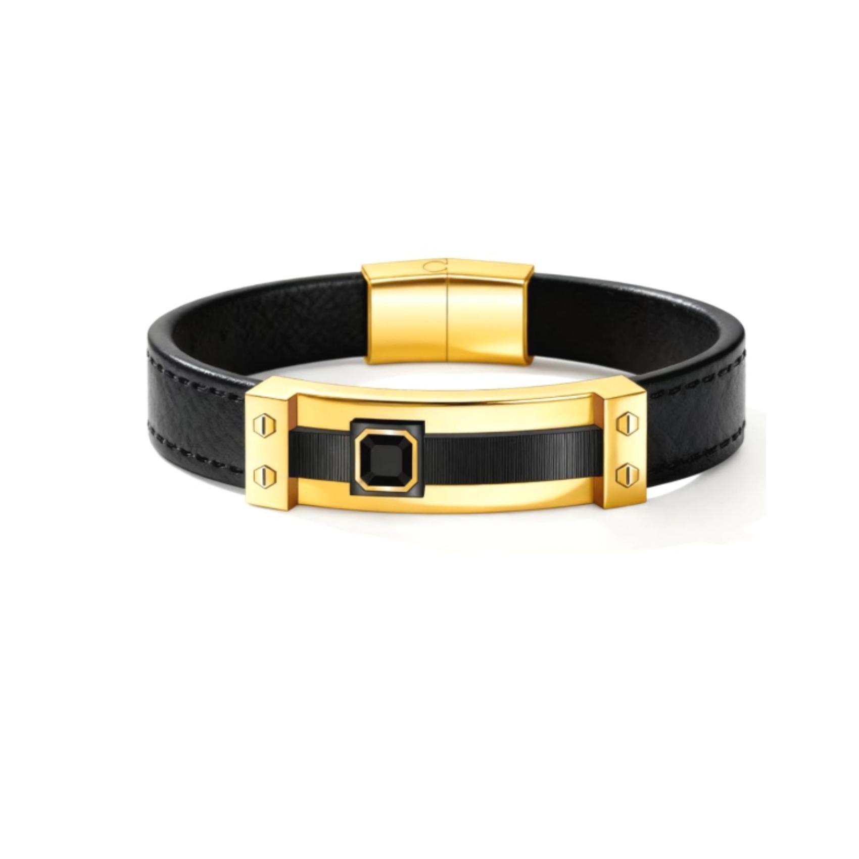 Black Leather Gold Inlaid Black Diamond Bracelet, Luxury & Textured, Eye-catching & Elegant —— Black Leather Gold Inlaid Black Diamond Bracelet