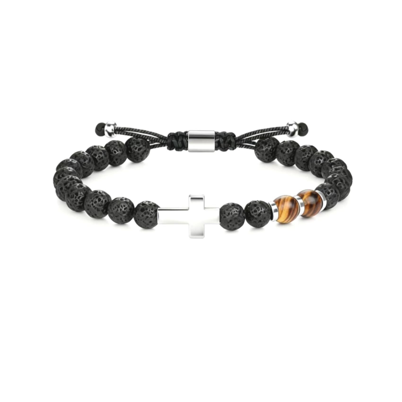 Black Bead Silver Cross Tiger Pattern, Edgy & Contrast, Textured & Eye-catching —— Black Bead Silver Cross Bracelet