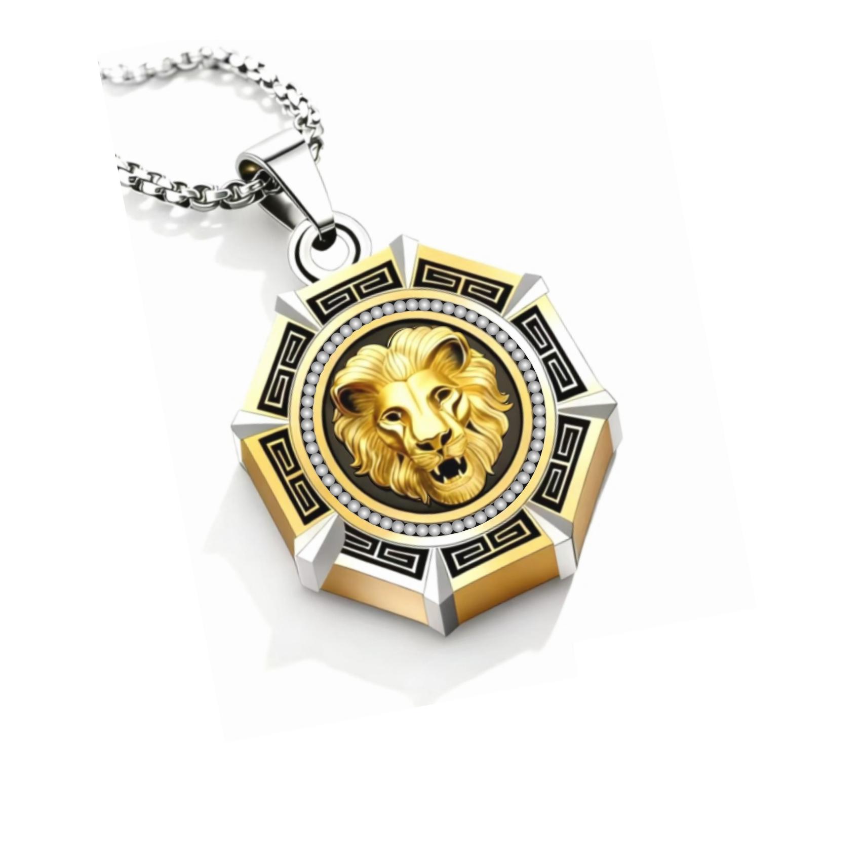 Silver-Gold Lion Greek Key Diamond Octagon Tag Necklace, Edgy & Luxe, Eye-catching & Exquisite —— Silver-Gold Lion Greek Key Diamond Octagon Tag Necklace