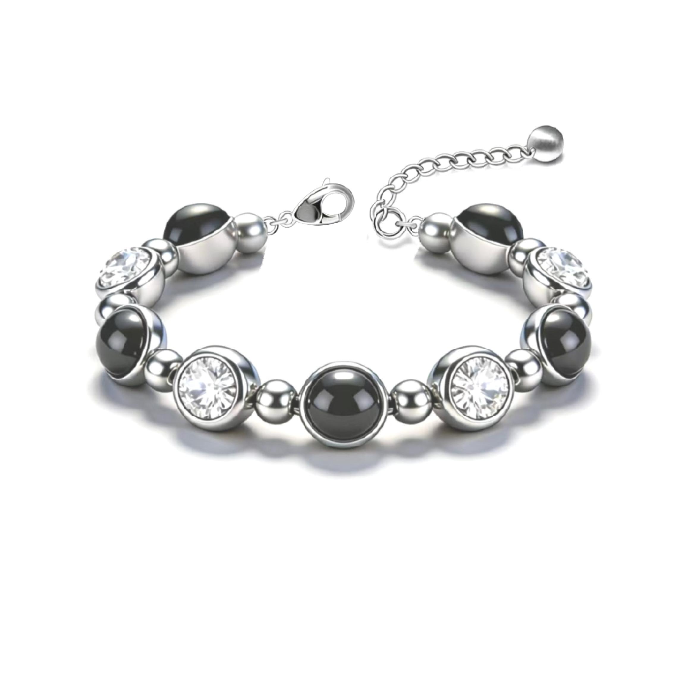 Black-White Diamond Silver Bracelet, Edgy Contrast Light Luxury-Style Bracelet