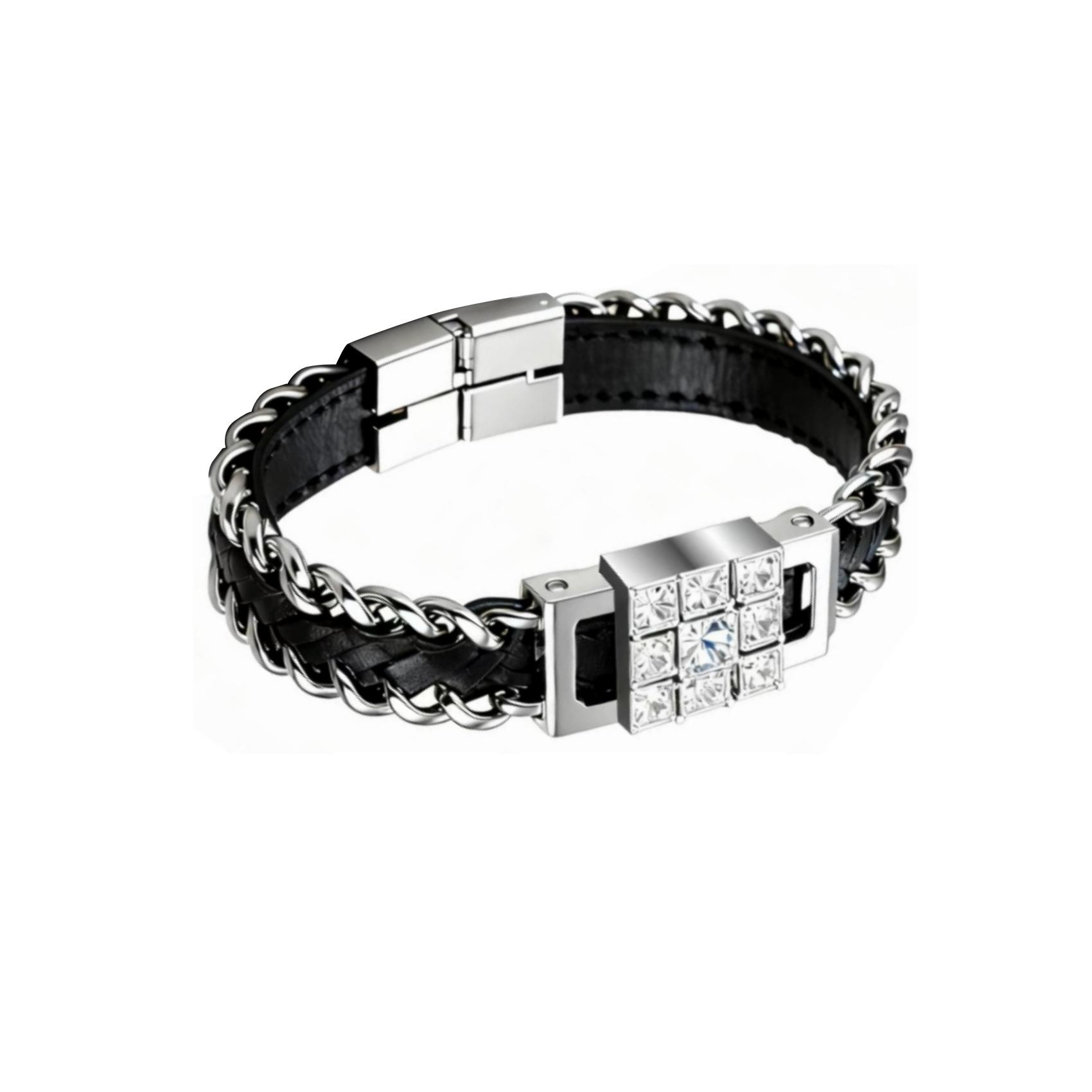 Black Braided Leather Silver Chain Full Diamond Bracelet, Shiny & Luxury, Textured & Eye-catching —— Black Braided Leather Silver Chain Full Diamond Bracelet