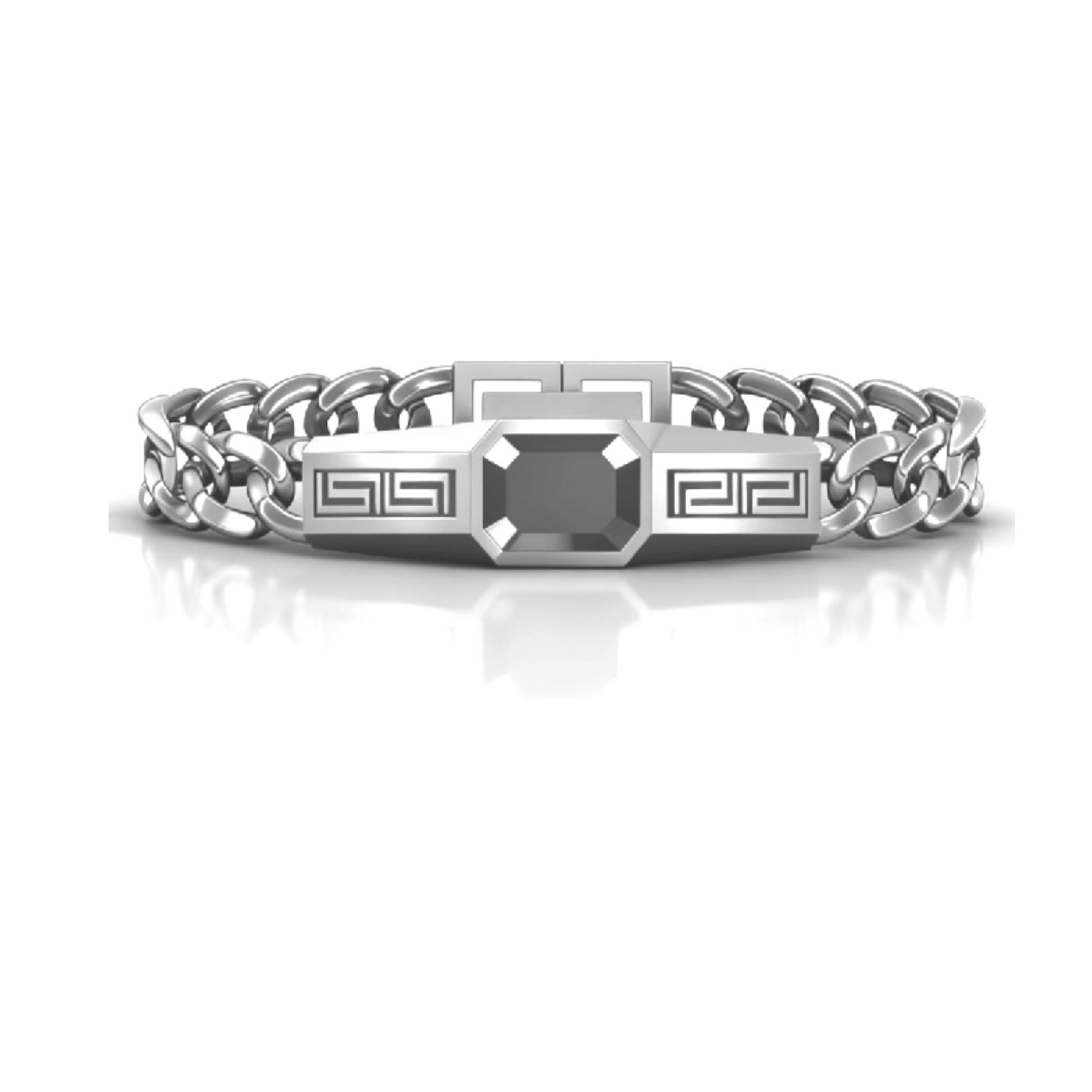 Niche Luxury Retro Bracelet With Silver Black Gem Greek-Pattern Double-Chain Design