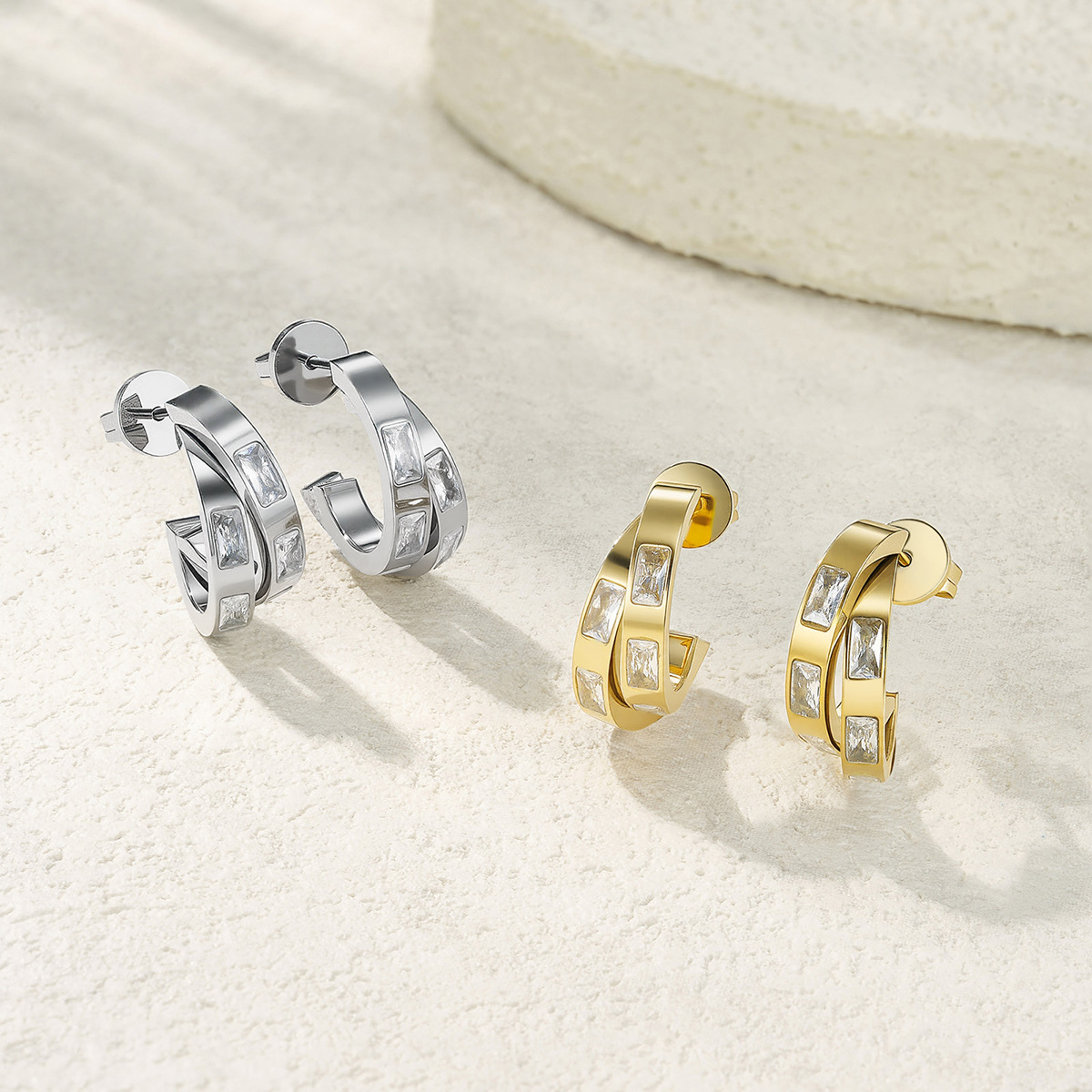 Niche Luxury Sparkling Diamond-Style Earrings With Silver Geometric Hoop Design