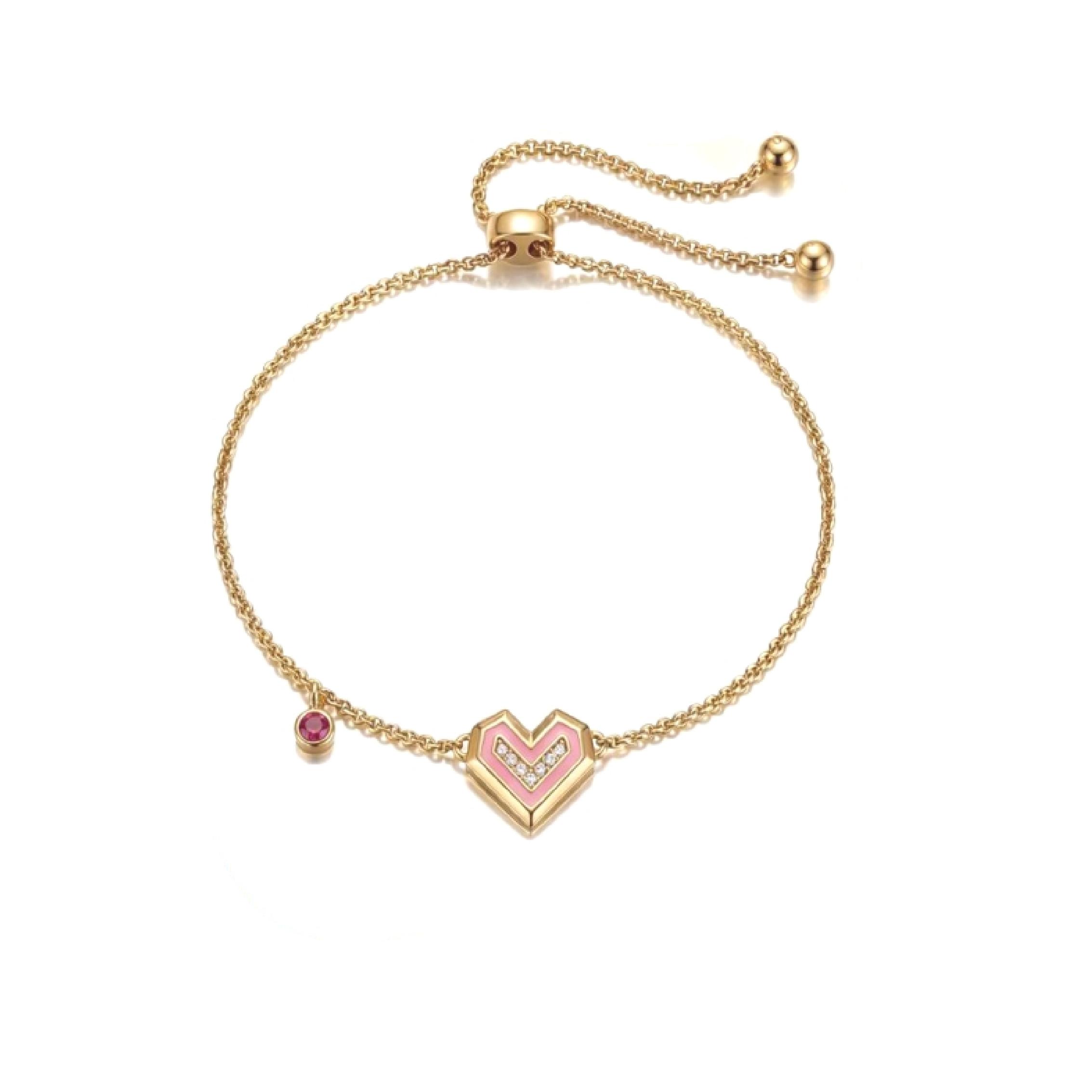 Pink Enamel Diamond Ruby Gold Chain Heart Bracelet, Sweet Luxury Girl-Style Bracelet