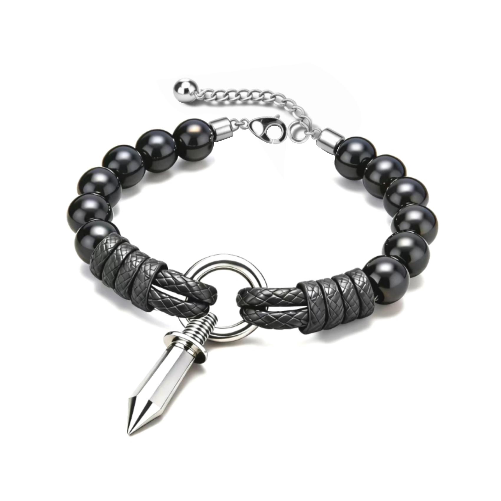 Black Bead Stud Pendant Braided Leather Chain, Punk & Edgy, Eye-catching & Unique —— Black Bead Stud Pendant Braided Leather Bracelet