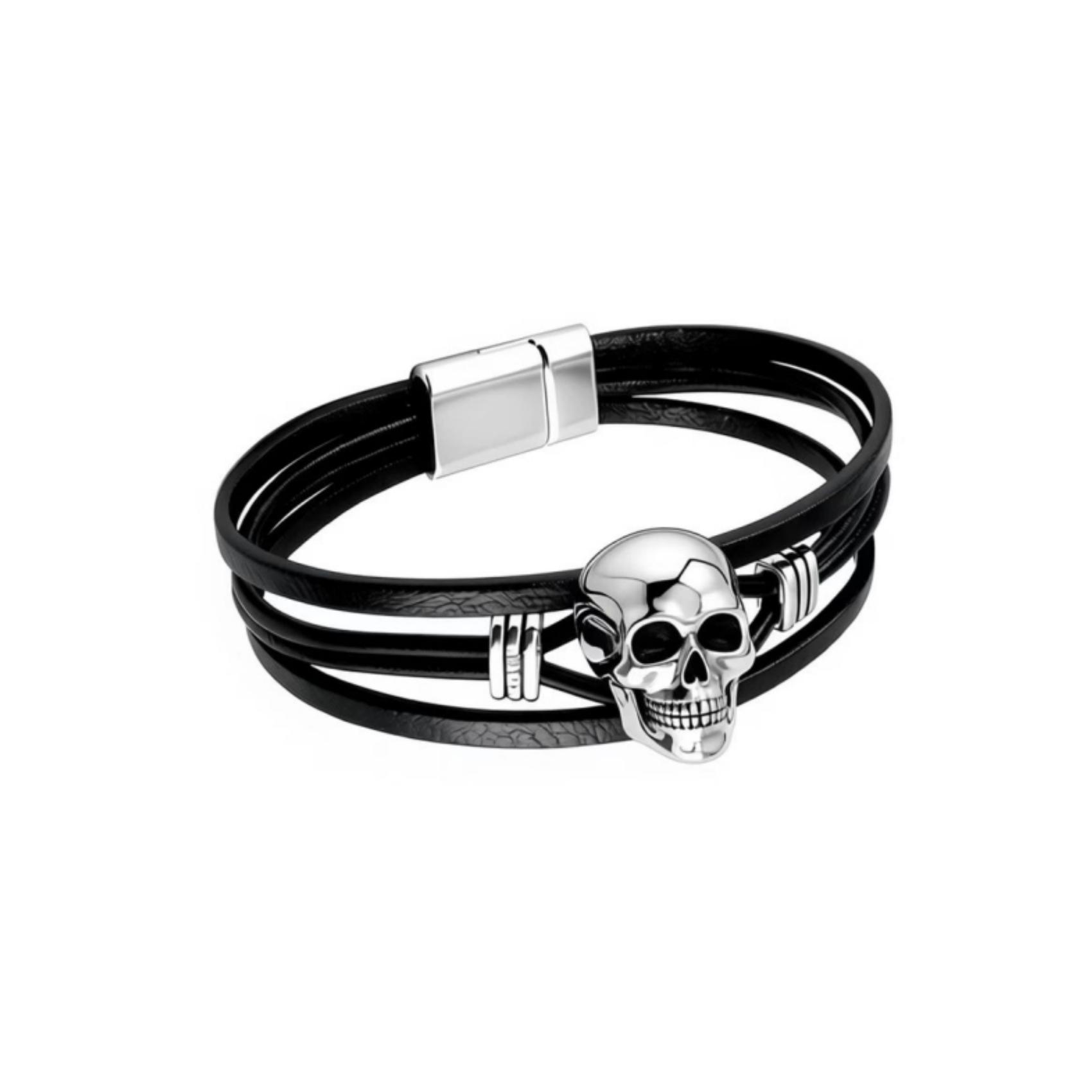 Black Leather Skull Silver Bracelet, Stylish & Chic, Textured & Eye-catching —— Black Leather Skull Silver Bracelet
