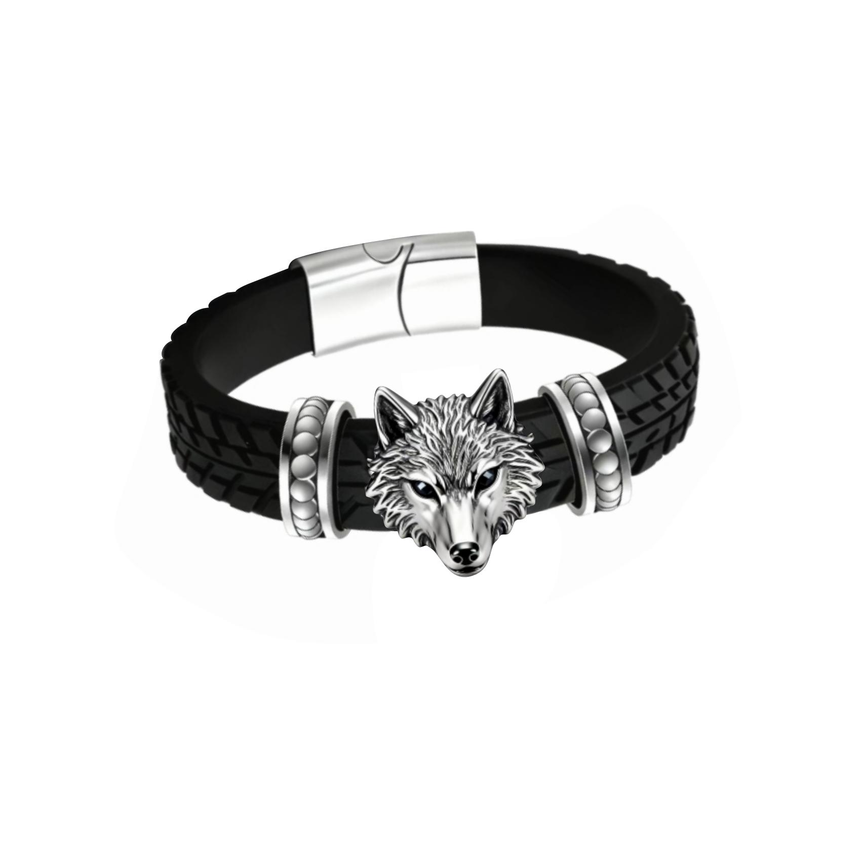 Black Rubber Wolf Head Silver Bracelet, Stylish & Chic, Textured & Eye-catching —— Black Rubber Wolf Head Silver Bracelet