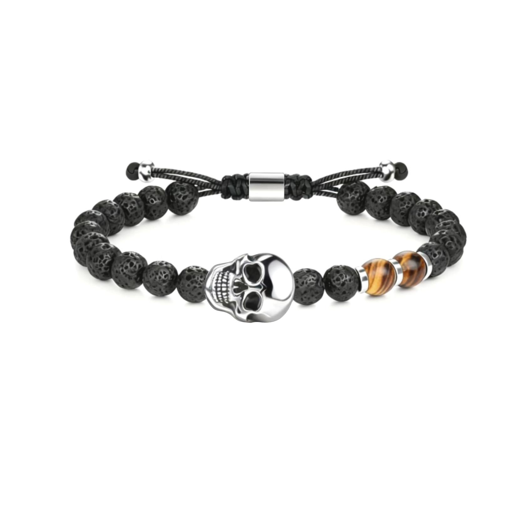 Black Bead Skull Tiger Pattern Accent, Dark & Contrast, Edgy & Eye-catching —— Black Bead Skull Tiger Pattern Bracelet