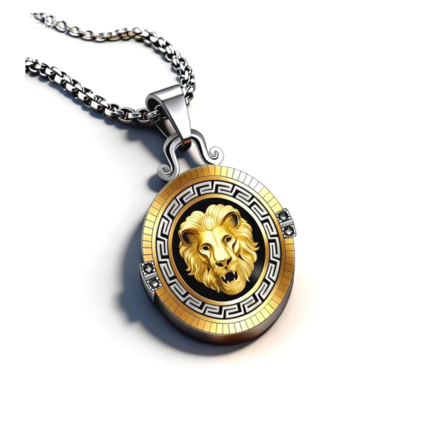 Silver-Gold Lion Greek Key Diamond Round Tag Necklace, Edgy & Luxe, Eye-catching & Exquisite —— Silver-Gold Lion Greek Key Diamond Round Tag Necklace