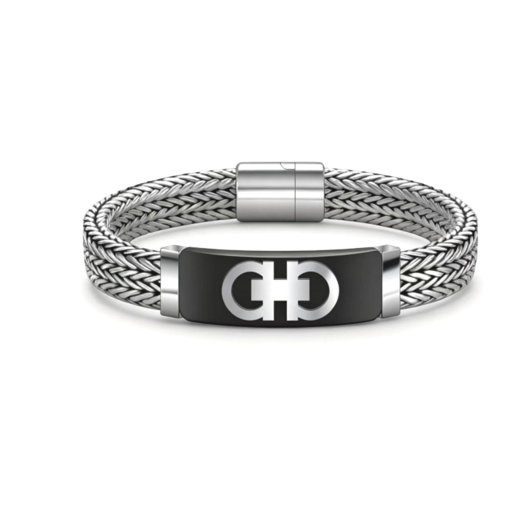 Silver Braided Chain Black Logo Accent, Minimalist & Luxury, Textured & Eye-catching —— Silver Braided Chain Black Logo Bracelet