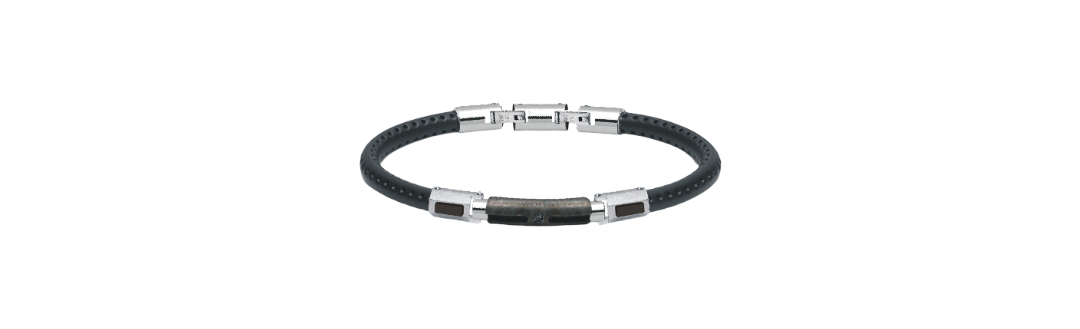 Eye - Catching Bracelet, Black Leather With Silver Decorative Bars And Blocks