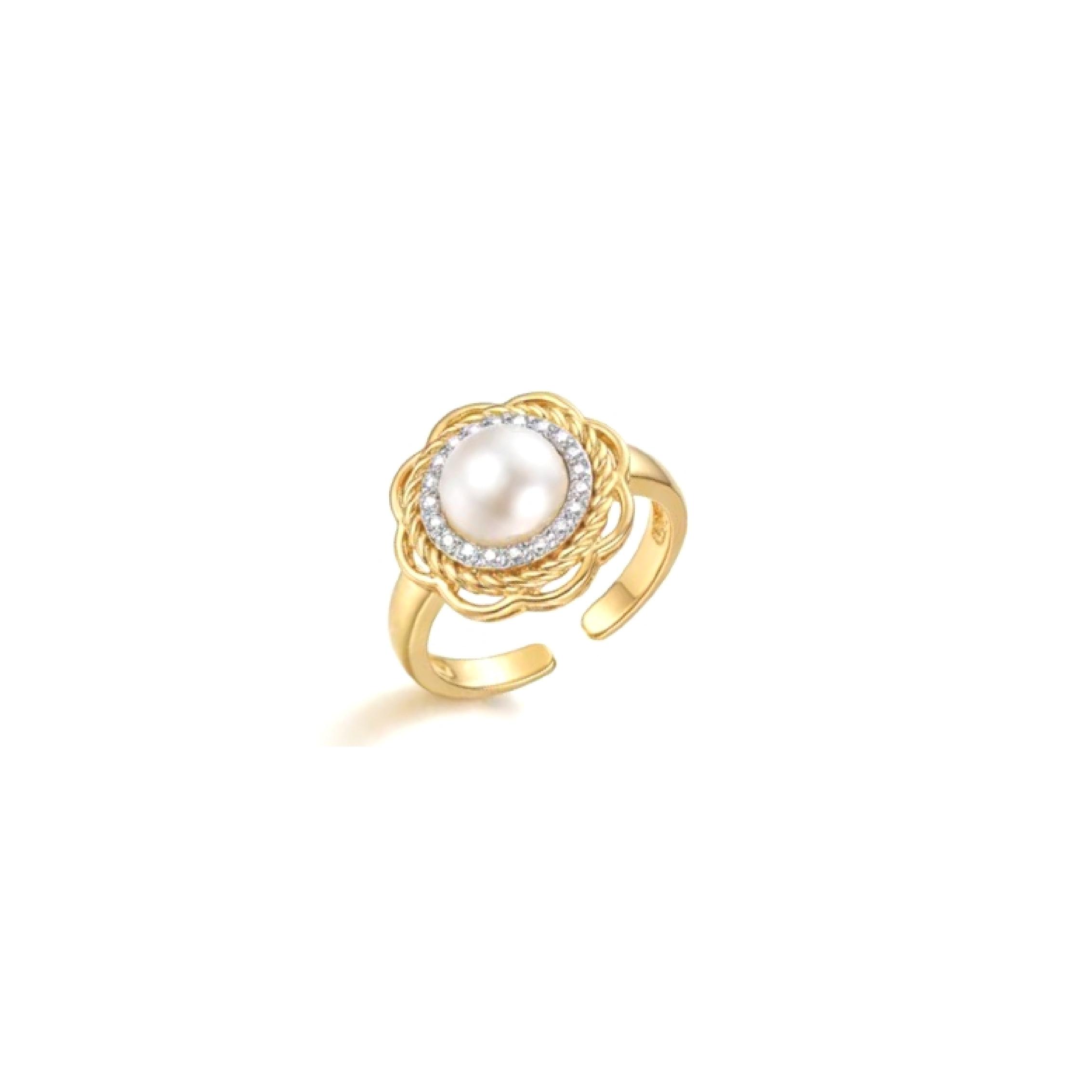 Pearl Diamond Gold-Pattern Flower Ring, Luxury Elegant Gentle-Style Ring