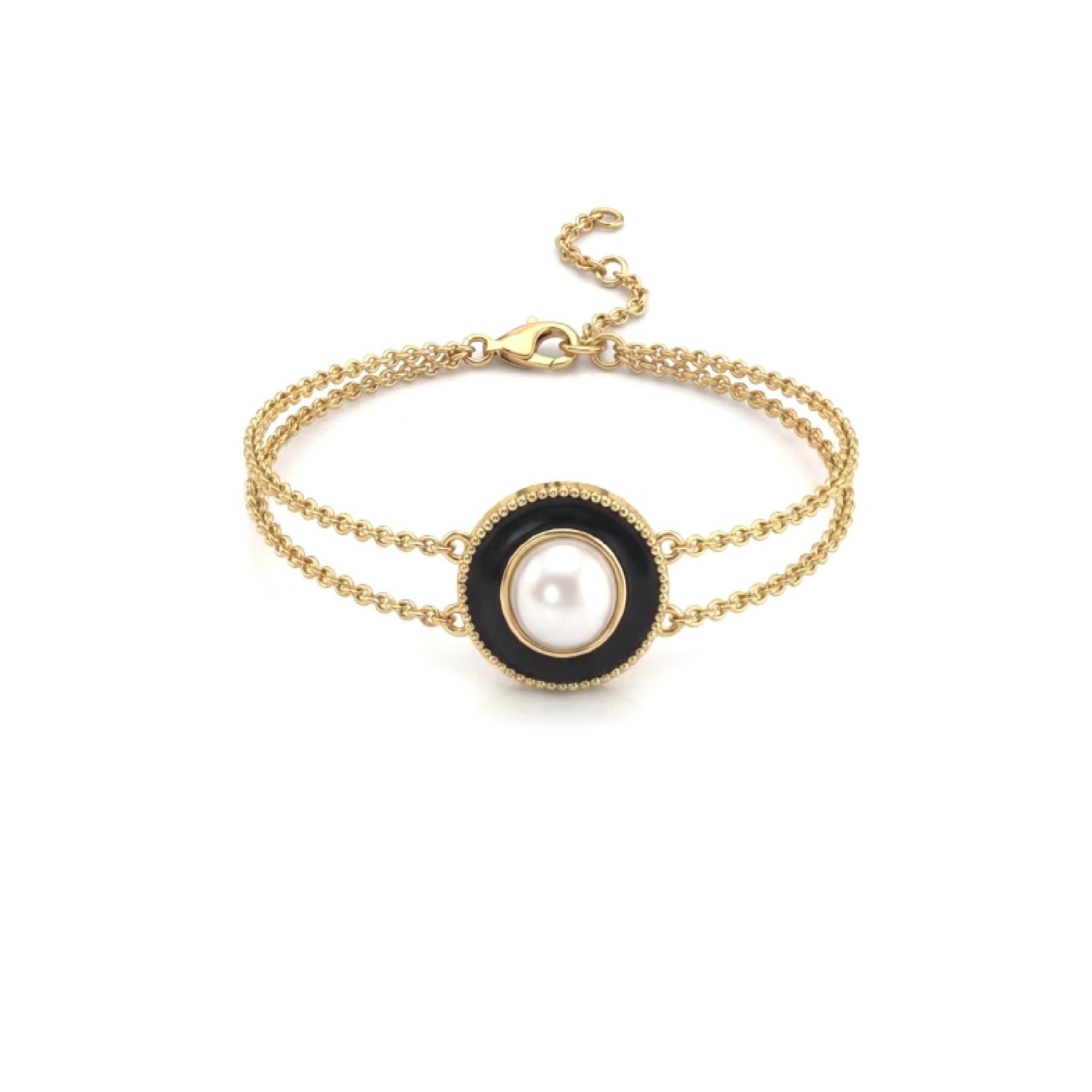 Pearl Black-Gold Trim Double-Layer Bracelet, Retro Contrast-Style Bracelet