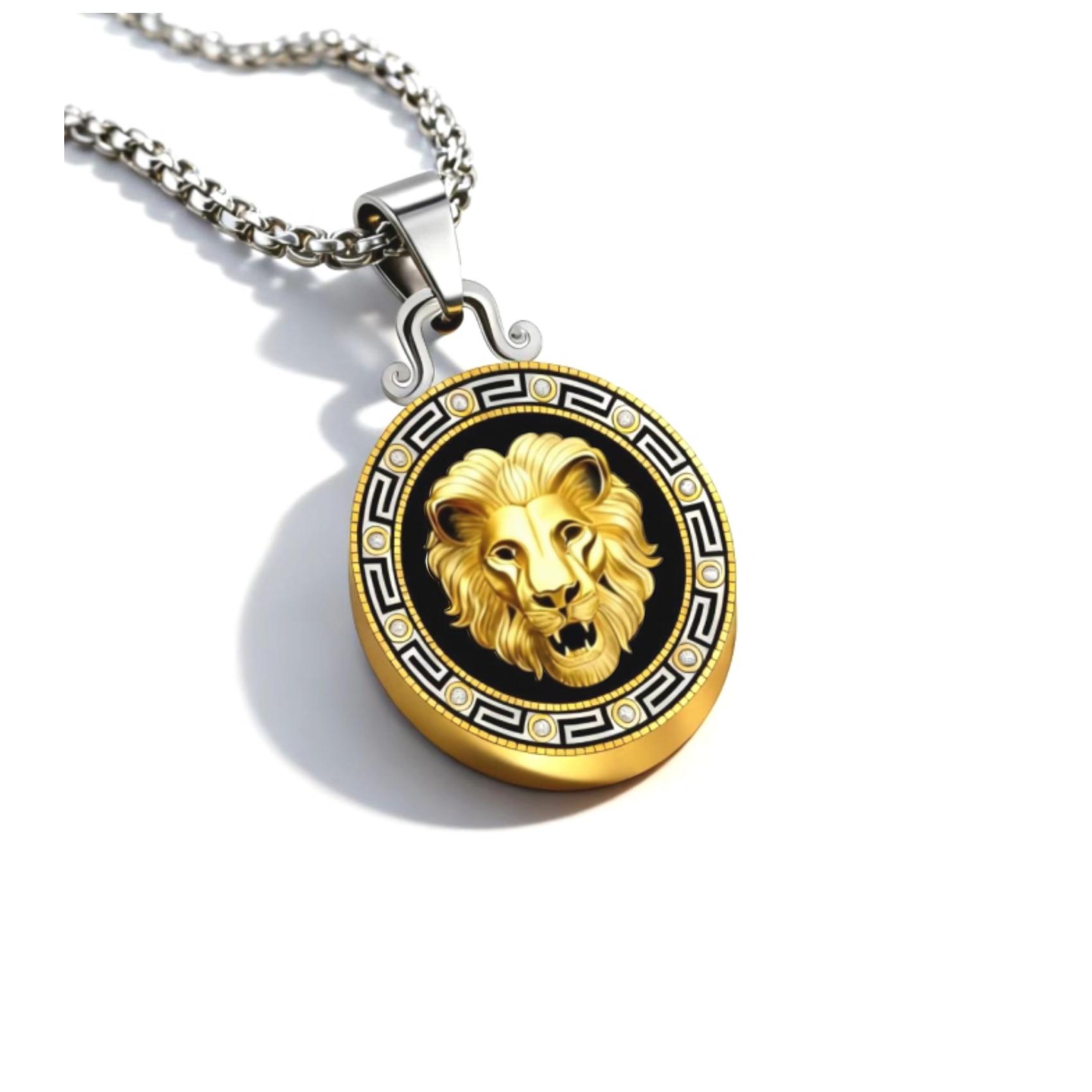 Silver-Gold Lion Greek Key Oval Tag Necklace, Edgy & Luxe, Eye-catching & Exquisite —— Silver-Gold Lion Greek Key Oval Tag Necklace