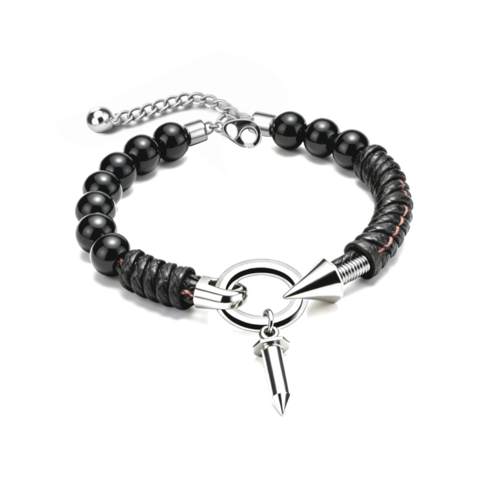 Black Bead Stud Braided Leather Chain, Punk & Edgy, Unique & Eye-catching —— Black Bead Stud Braided Leather Bracelet